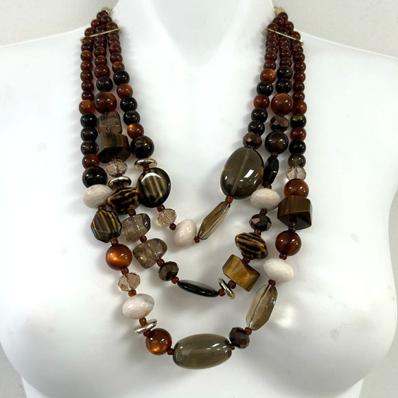 Chico's Brown Cream Multi Strand Beaded Necklace - Picture 1 of 3